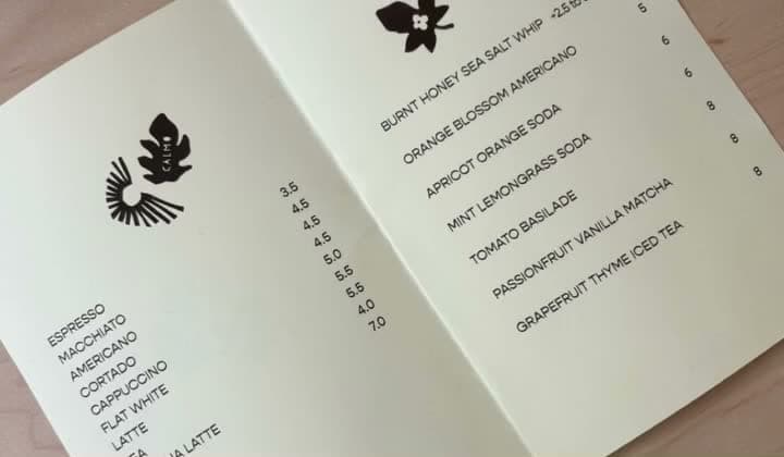 Calmo drinks menu with coffee and specialty beverages