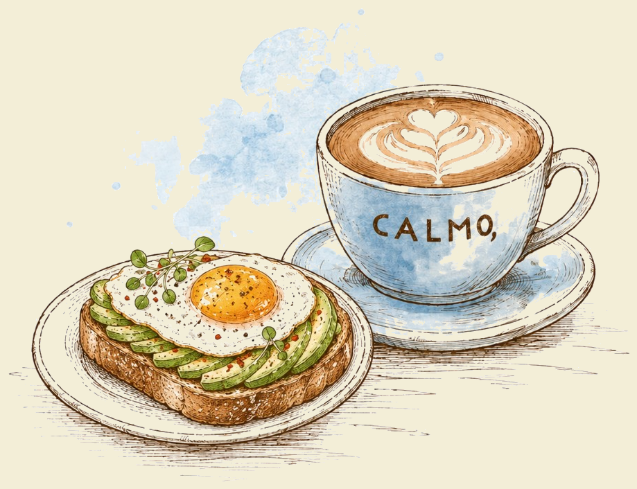 Avocado toast with a fried egg and a Calmo latte with heart art