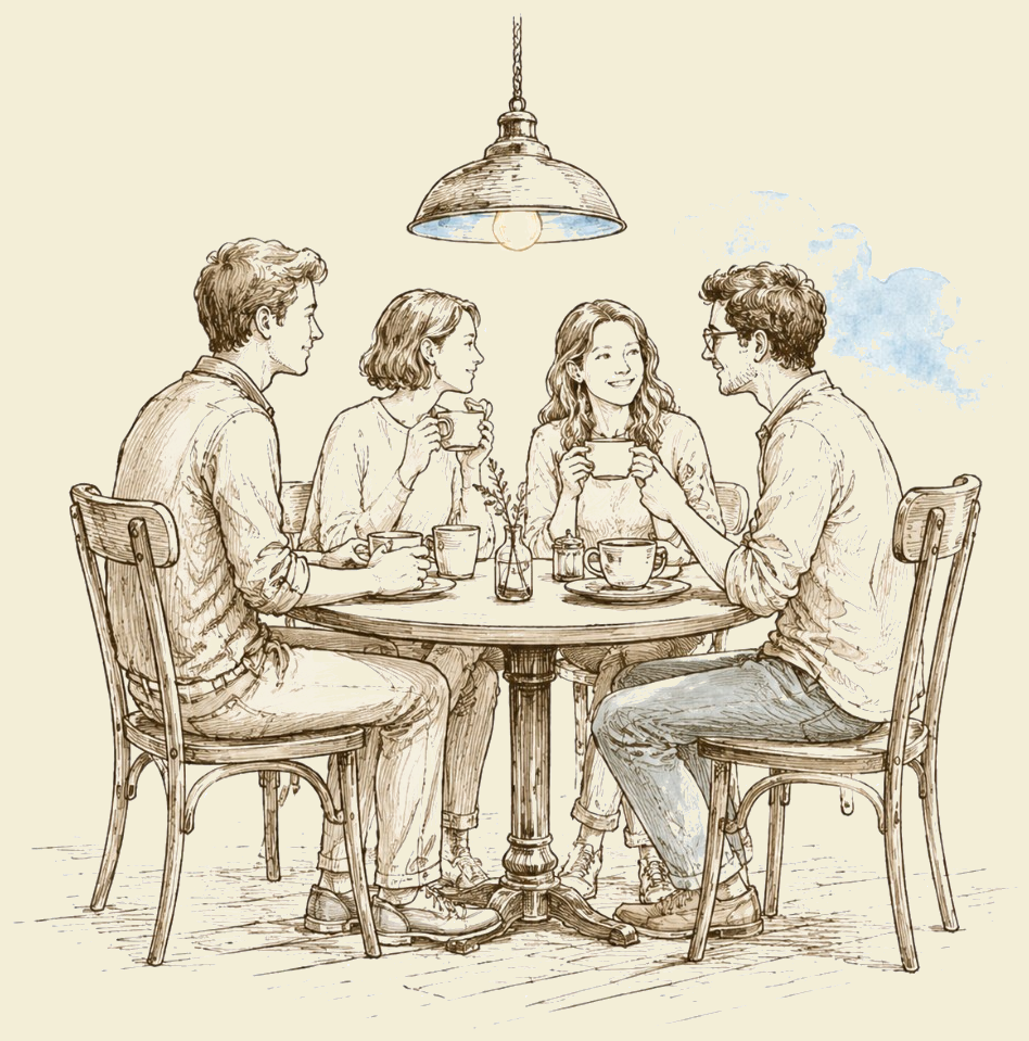 Friends gathered around a cafe table sharing coffee