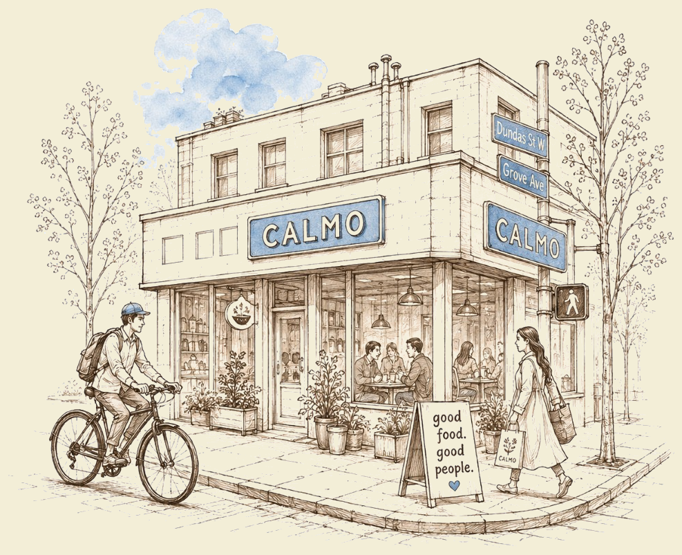 Calmo cafe storefront on a neighborhood corner