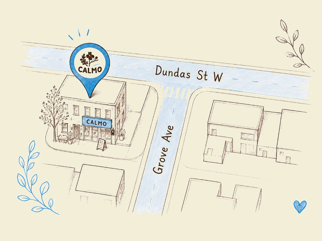 Hand-drawn map of Calmo at Dundas St W and Grove Ave